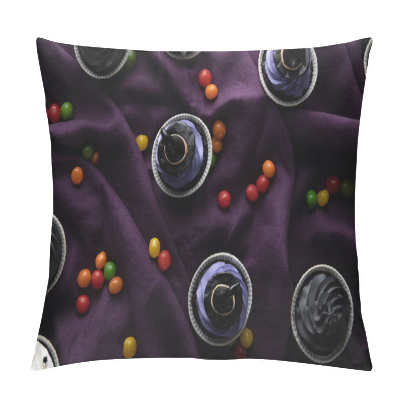 Personality  Top View Of Delicious Halloween Cupcakes With Bonbons On Purple Cloth Pillow Covers