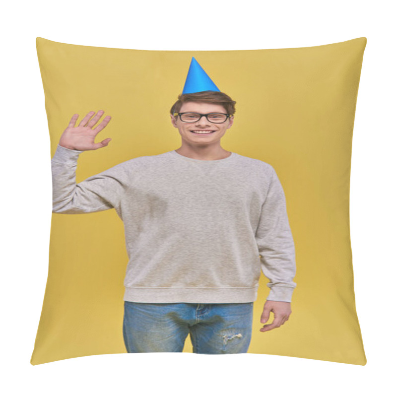 Personality  Young Smiley Man In Birthday Hat Waving His Hand And Smiling Cheerfully At Camera, Birthday Pillow Covers