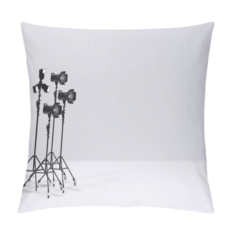 Personality  Photography Studio Flash On A Lighting Stand Isolated On White Background With Curtain. 3D Rendering And Illustration Of Professional Equipment Like Monobloc Or Monolight Pillow Covers