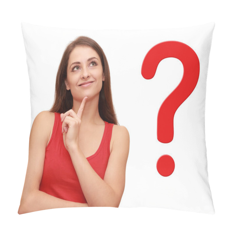 Personality  Thinking Girl Looking Up With Red Question Sign Near Her Pillow Covers