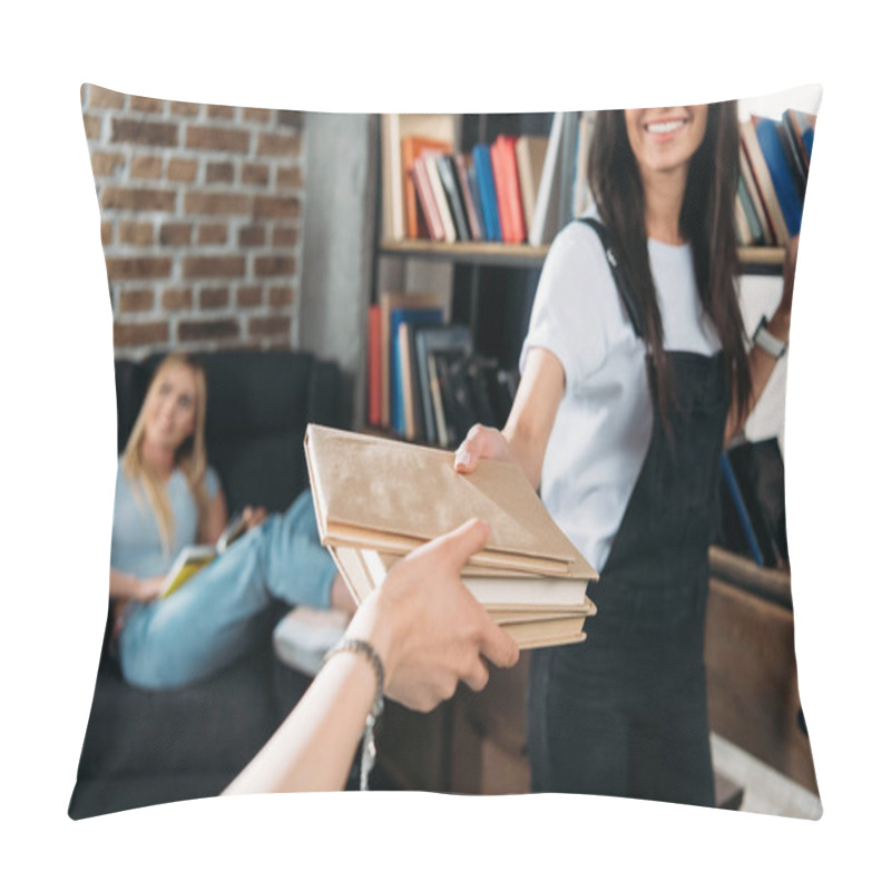 Personality  Cropped Shot Young Women Holding Books At Home Library Pillow Covers