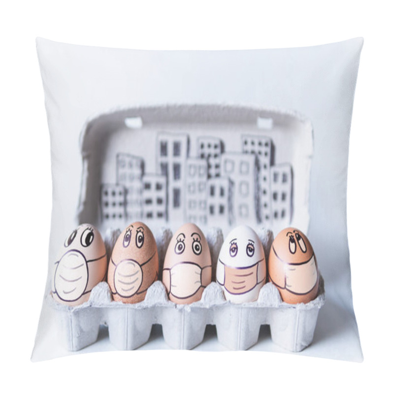 Personality  Diverse Chicken Eggs With Doodle Faces Wearing Medical Masks With A City Skyline On The Background. Conceptual Image Of Pollution And Epidemy Pillow Covers