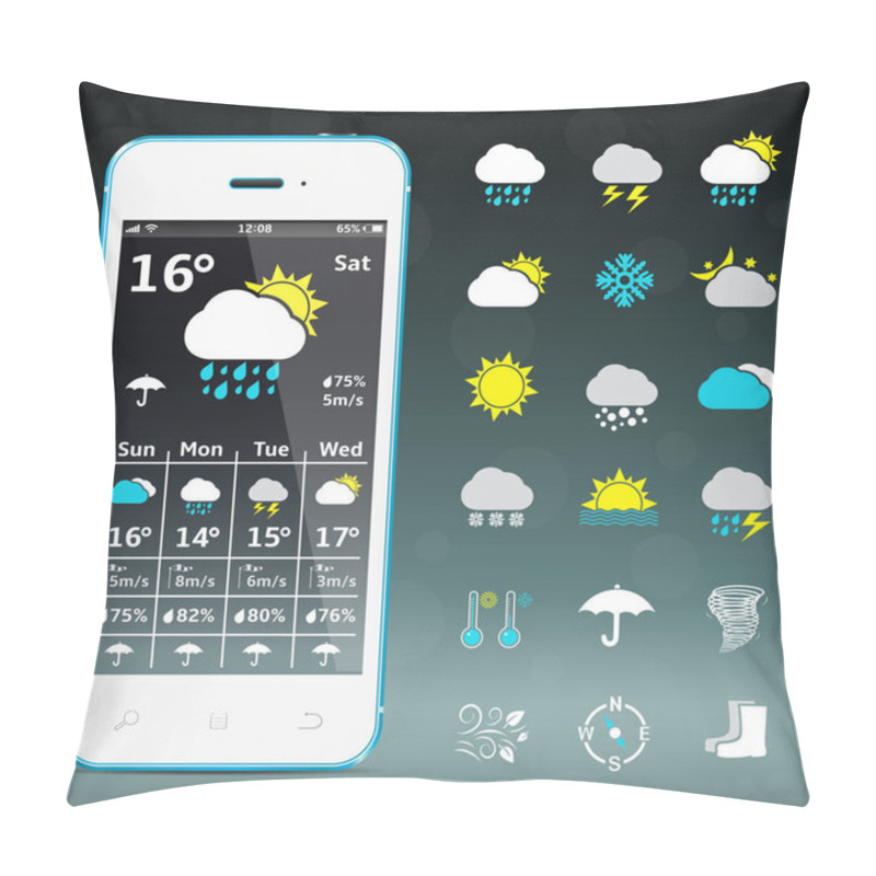 Personality  Realistic Mobile Phone With Weather Forecast Widget And Icons Pillow Covers