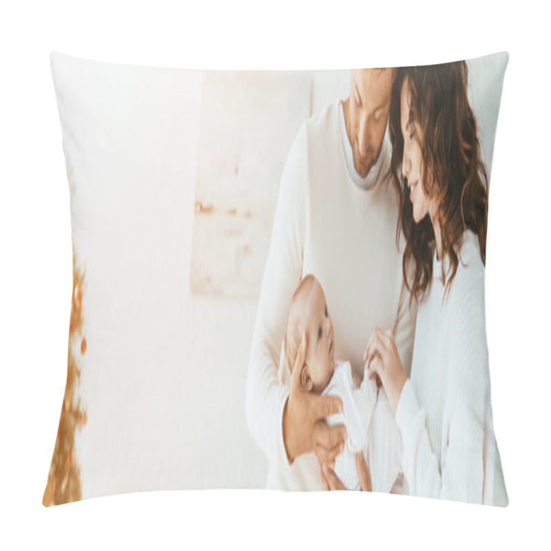 Personality  Panoramic Shot Of Happy Woman Standing Near Husband Holding Adorable Baby Pillow Covers