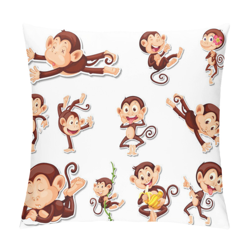 Personality  Sticker Set Of Funny Monkey Cartoon Characters Illustration Pillow Covers