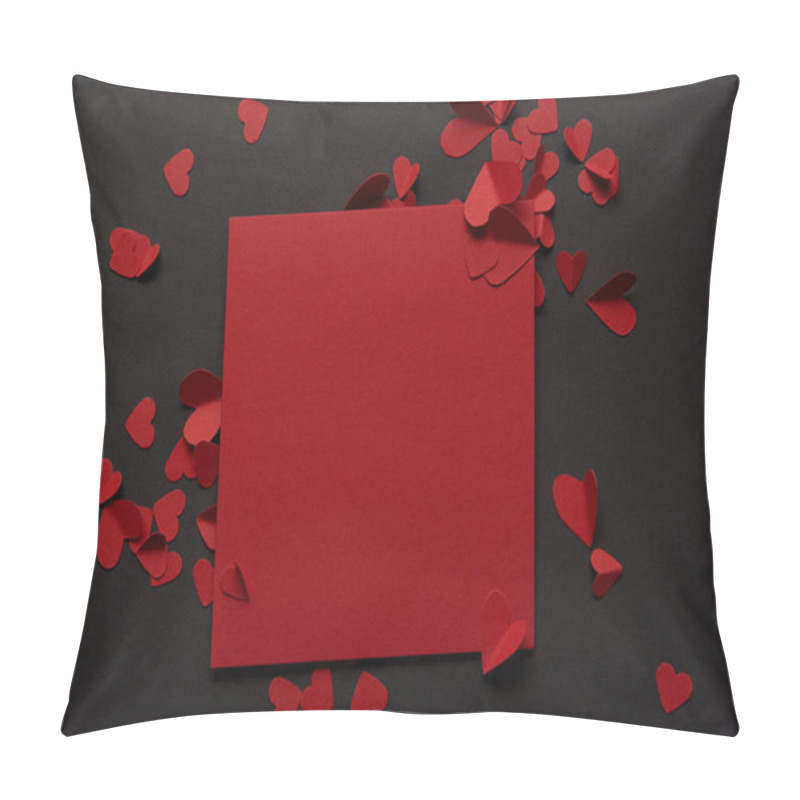 Personality  Top View Of Red Blank Greeting Card And Paper Cut Hearts On Black Background Pillow Covers