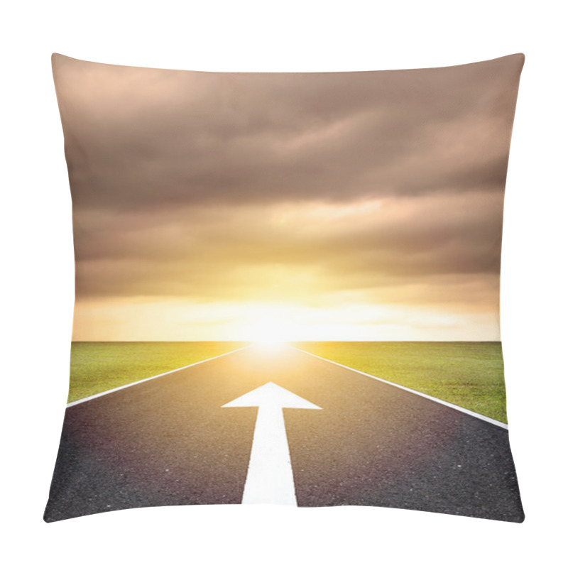 Personality  The Ahead Arrow On The Asphalt Road  And Sunset Background Pillow Covers