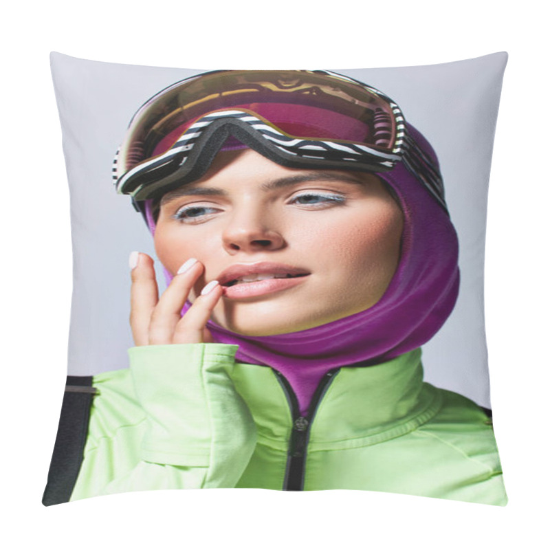 Personality  Beautiful Woman In Winter Ski Clothes With Balaclava On Head Posing With Hand Near Face On Grey Pillow Covers