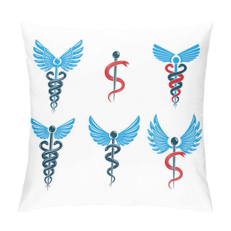 Personality  Set Of Vector Caduceus Symbols Created Using Bird Wings And Snakes. Medical Treatment And Rehabilitation Theme Illustrations. Pillow Covers