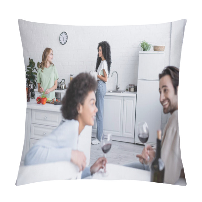 Personality  Pleased Lesbian Couple Looking At Each Other Near Blurred Interracial Friends With Glasses Of Wine Pillow Covers