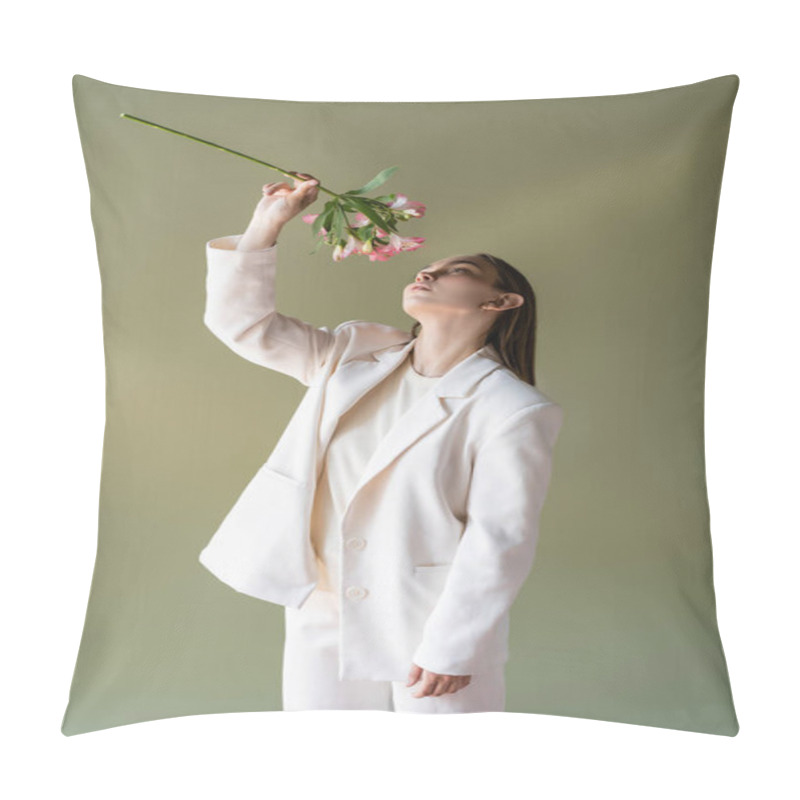 Personality  Woman In White Clothes Holding Branch Of Alstroemeria In Raised Hand Isolated On Green Pillow Covers