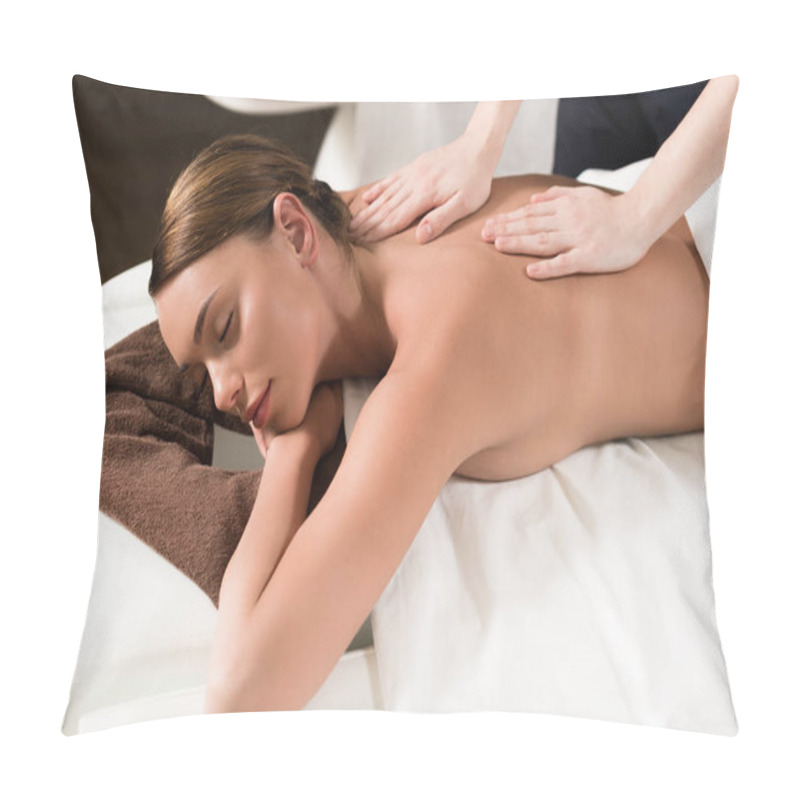 Personality  Relaxed Young Woman With Closed Eyes Having Body Massage In Spa Salon Pillow Covers