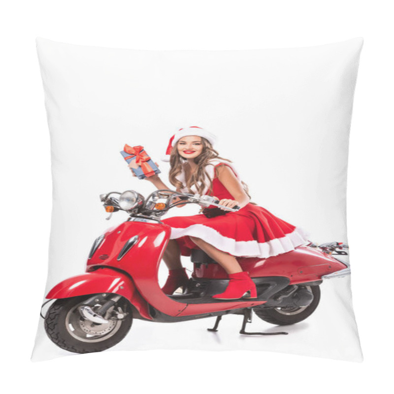 Personality  Attractive Happy Girl In Santa Costume Holding Gift And Driving Red Scooter, Isolated On White Pillow Covers