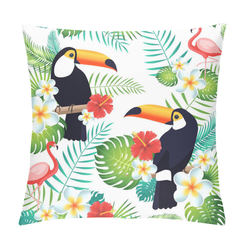 Personality  Tropical Seamless Pattern With Toucans, Flamingos, Exotic Leaves And Flowers. Pillow Covers