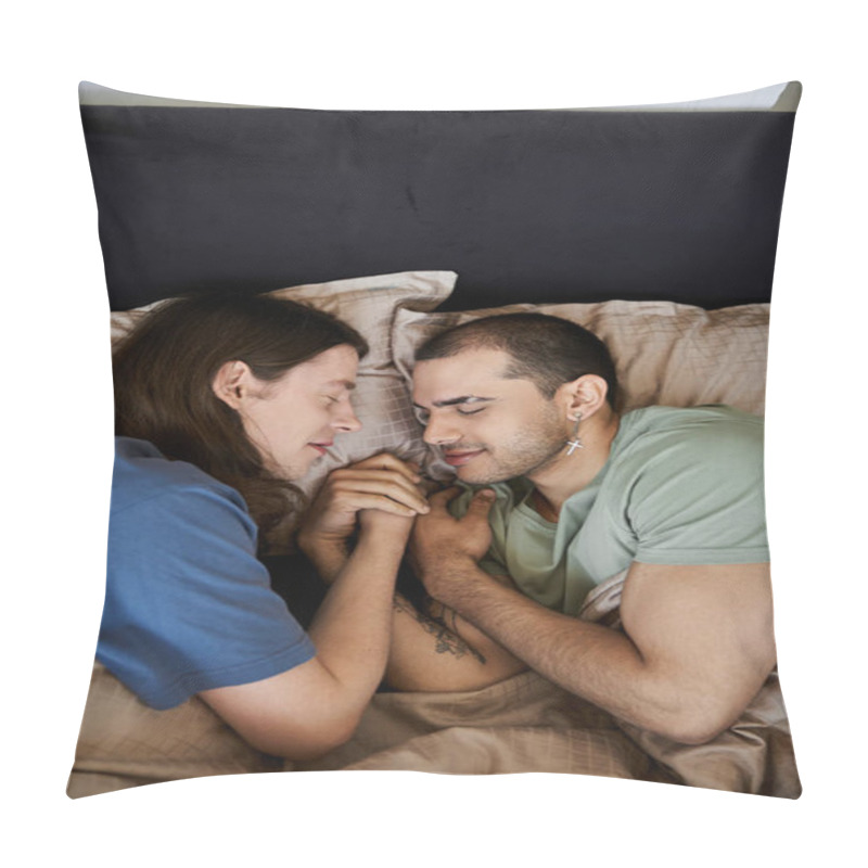 Personality  A Young Gay Couple Lies In Bed, Holding Hands And Gazing Lovingly At Each Other. Pillow Covers