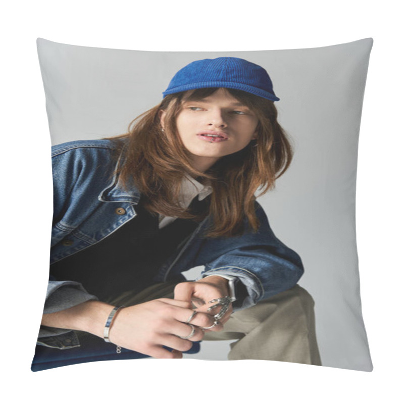 Personality  A Young Man In Fashionable Attire Exudes Confidence While Posing In A Chic Indoor Space. Pillow Covers