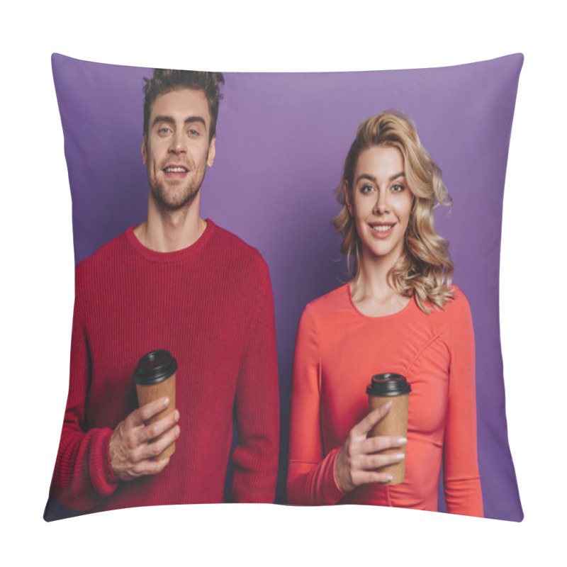 Personality  Smiling Couple Looking At Camera While Holding Coffee To Go On Purple Background Pillow Covers