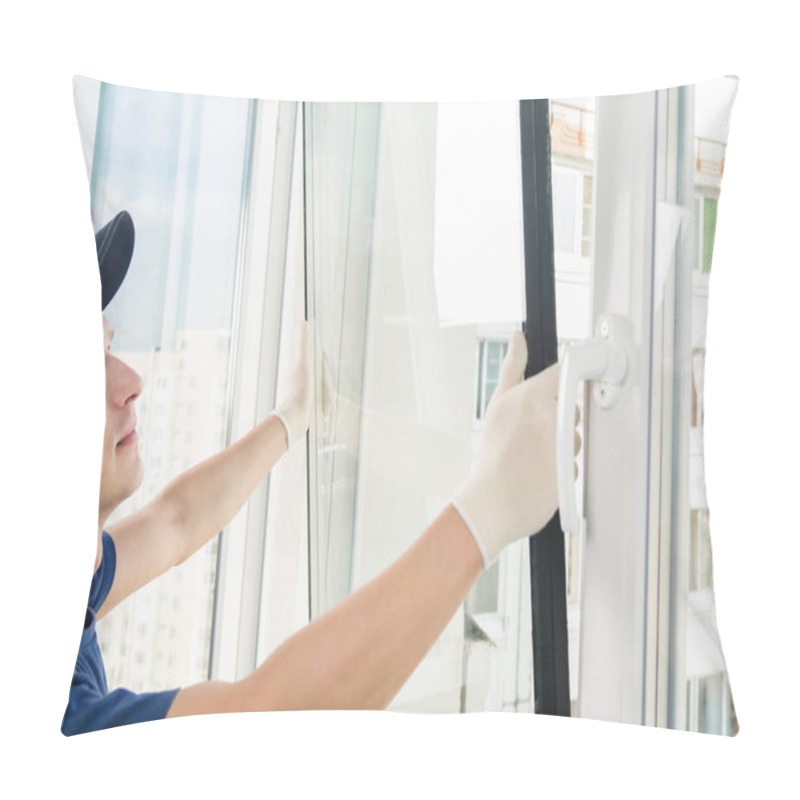 Personality  A Specialist In Installing Plastic Windows Puts A Double-glazed Window In A Window Frame, Close-up Pillow Covers