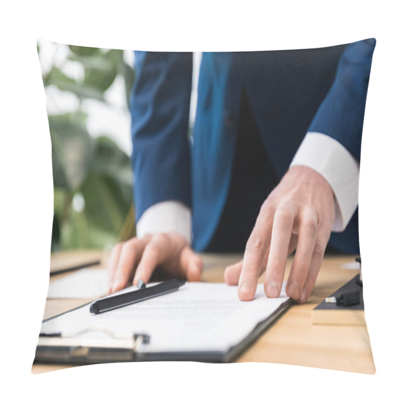 Personality  Partial View Of Businessman At Workplace With Notepad In Office Pillow Covers