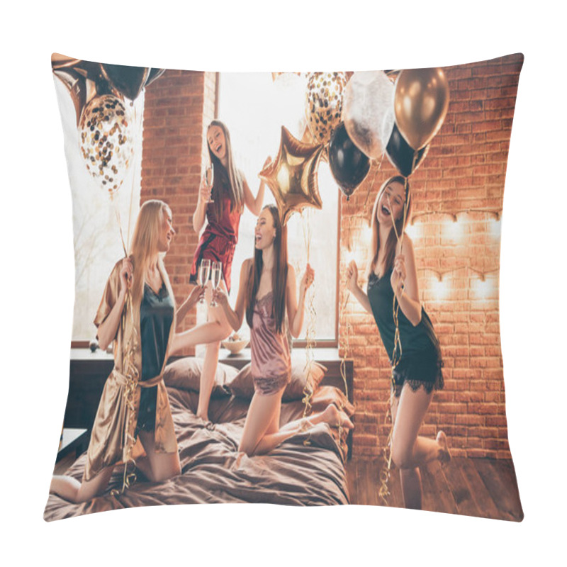 Personality  Close Up Photo Five Beautiful She Her Fancy Chic Ladies Little Drunk Dance Bed Sheets Gathering Decorated Room Unexpected Event Future Wedding Congrats Clink Wineglasses Night Evening Room Indoors Pillow Covers