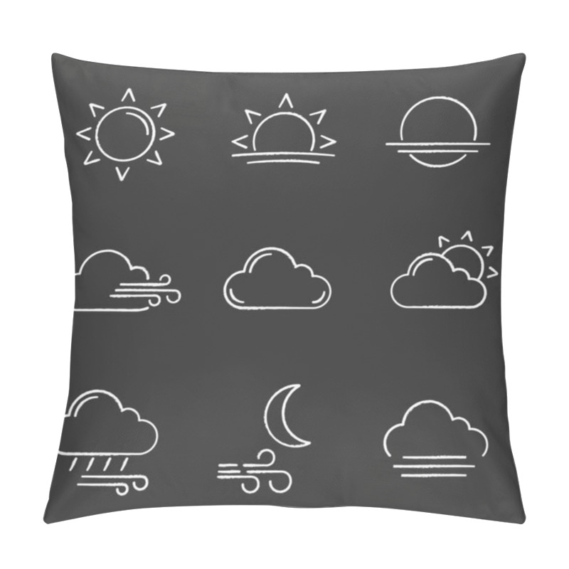 Personality  Weather Forecast Chalk Icons Set. Sun, Sunrise, Sunset, Wind, Cloud, Partly Cloudy Weather, Pouring Rain, Windy Night, Fog. Isolated Vector Chalkboard Illustrations Pillow Covers