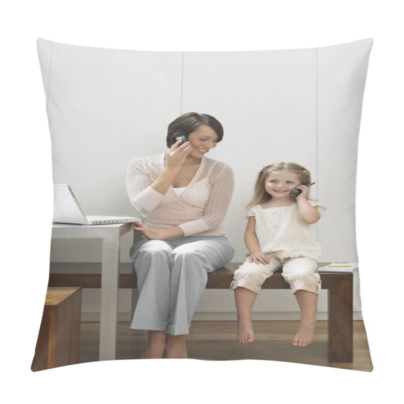 Personality  Mother And Daughter Using Cell Phones Pillow Covers