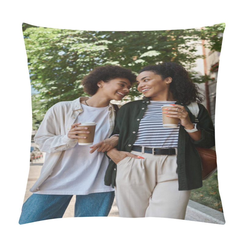 Personality  A Happy Couple Shares Laughter And Coffee While Strolling Under The Sun On A Beautiful Day. Pillow Covers