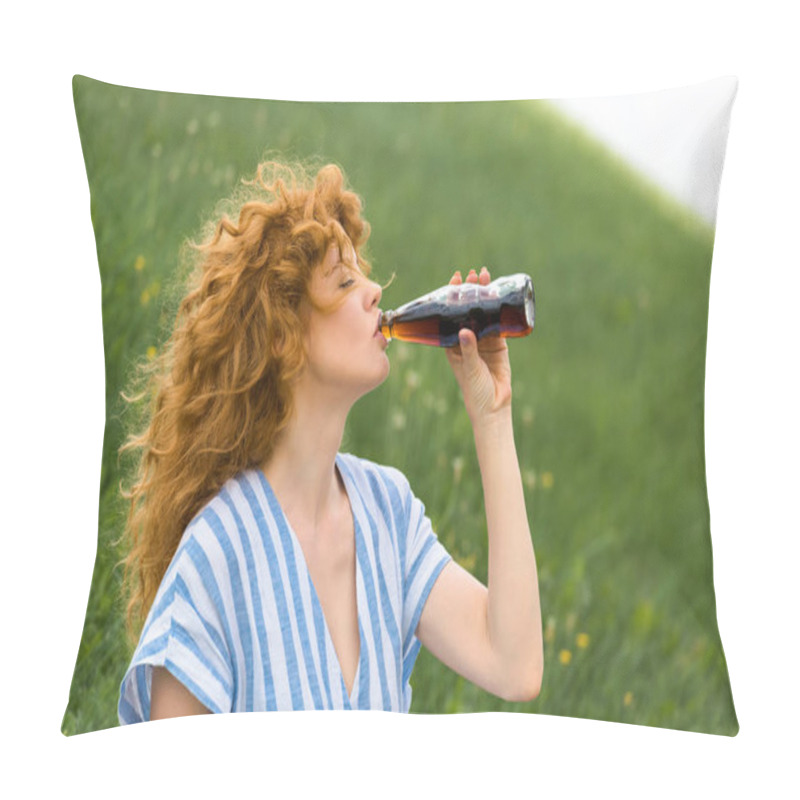 Personality  Side View Of Beautiful Redhead Woman Drinking Soda Outdoors  Pillow Covers