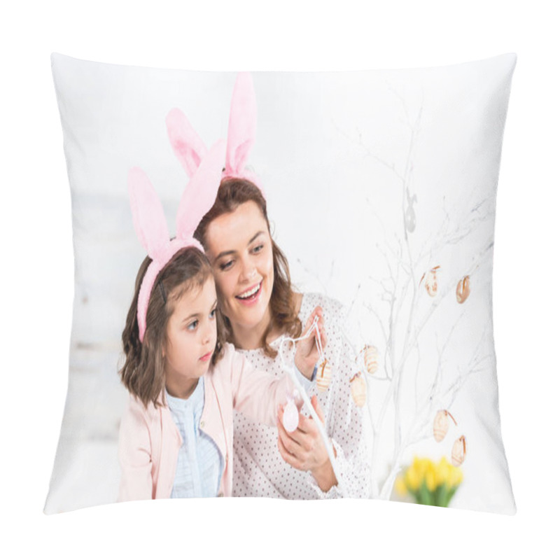 Personality  Blissful Mother And Daughter In Bunny Ears Decorating Easter Tree Pillow Covers