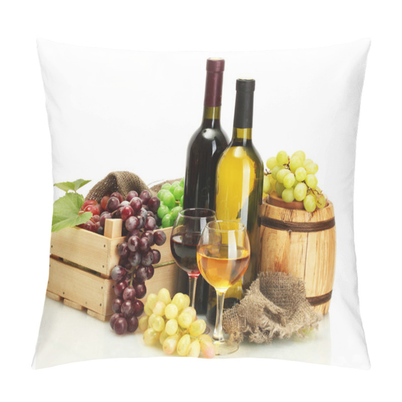 Personality  Barrel, Bottles And Glasses Of Wine And Ripe Grapes Isolated On White Pillow Covers