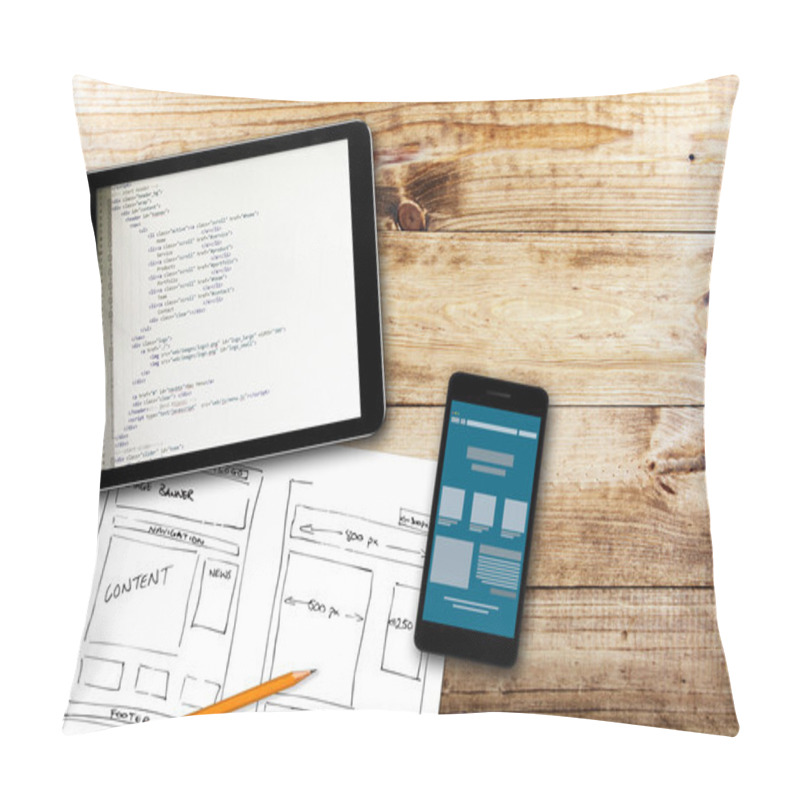 Personality  Website Wireframe Sketch And Programming Code On Digital Tablet Pillow Covers