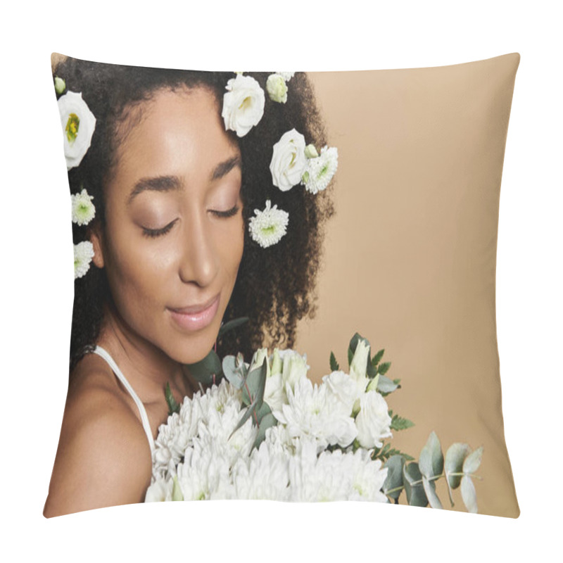 Personality  A Beautiful African American Woman With Natural Makeup And Flowers In Her Hair Holds A Bouquet Of White Flowers Against A Beige Background. Pillow Covers