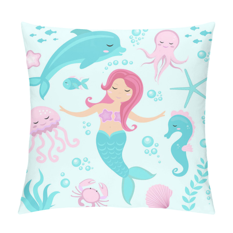 Personality  Cute Set Little Mermaid And Underwater World. Fairytale Princess Mermaid And Dolphin, Octopus, Seahorse, Fish, Jellyfish. Under Water In The Sea Mythical Marine Collection. Pillow Covers