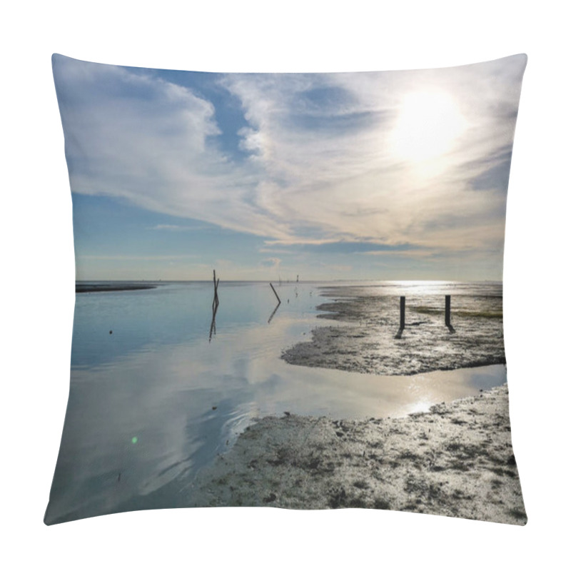 Personality  Scenic Seascape, Sunset And Branches And Blue Sky Reflection On Low Tide Sea Water With Muddy Swamp, Parit Jawa, Malaysia. Pillow Covers