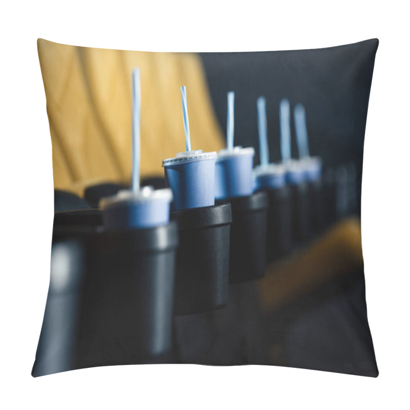 Personality  Selective Focus Of Cinema Seats With Blue Disposable Cups In Cup Holders Pillow Covers