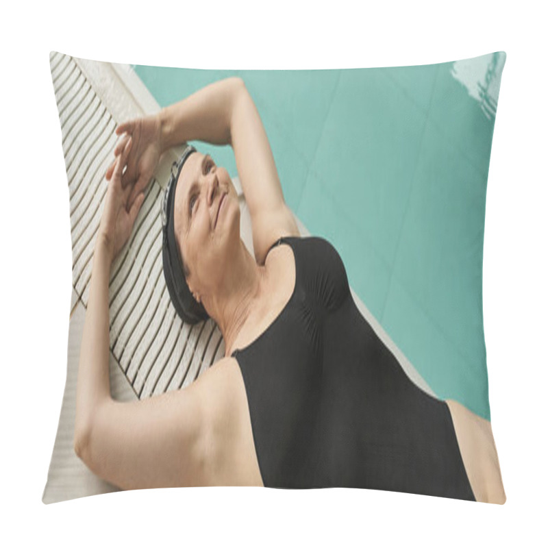 Personality  Happy Middle Aged Woman Lying At Poolside, Top View, Swim Cap And Goggles, Pool, Spa Center, Banner Pillow Covers