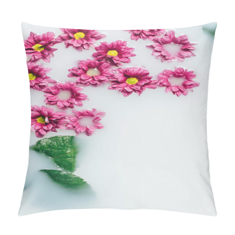 Personality  Top View Of Beautiful Pink Chrysanthemum Flowers And Green Leaves In Milk Backdrop Pillow Covers