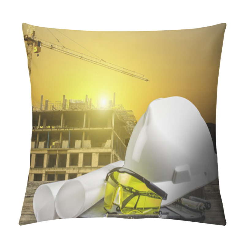 Personality  Engineer Working Table Plan And Blueprint At Building Constructi Pillow Covers