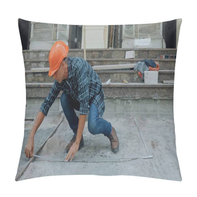 Personality  Builder Measuring Ground With Industrial Measuring Tape On Construction Site Pillow Covers