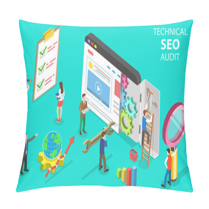 Personality  Isometric Flat Vector Concept Of Technical SEO Audit, Search Engine Strategy. Pillow Covers