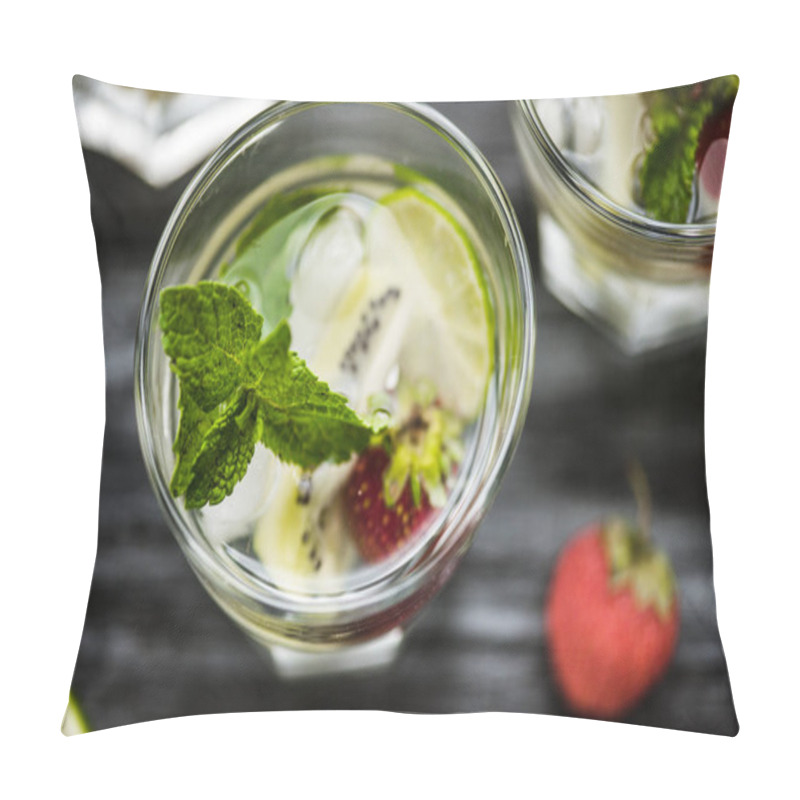 Personality  Top View Of Fresh Strawberry Kiwi Mojito Cocktail In Glass Pillow Covers