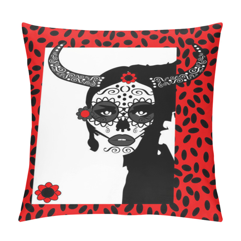 Personality  Day Of The Dead Girl With Red Flower And Horns Background Pillow Covers