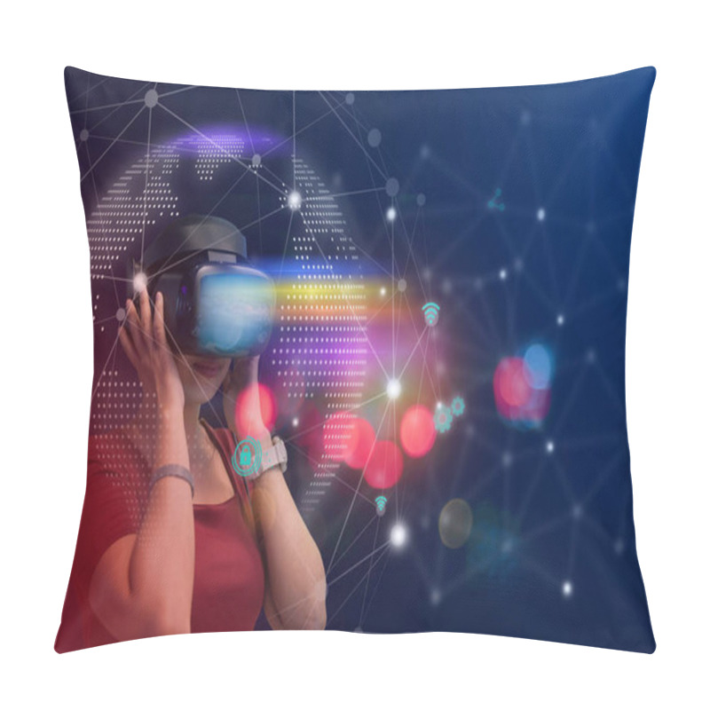 Personality  Young Girl Play VR Virtual Reality Goggle And Experiences Of Metaverse Virtual World On Colorful. Visualization And Simulation, 3D, AR, VR, Innovation Of Futuristic, Metaverse Technology Concepts.  Pillow Covers