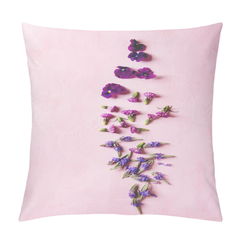 Personality  Variety Of Purple Edible Flowers For Dish Decorating Over Pink Pastel Background. Top View, Space. Pillow Covers