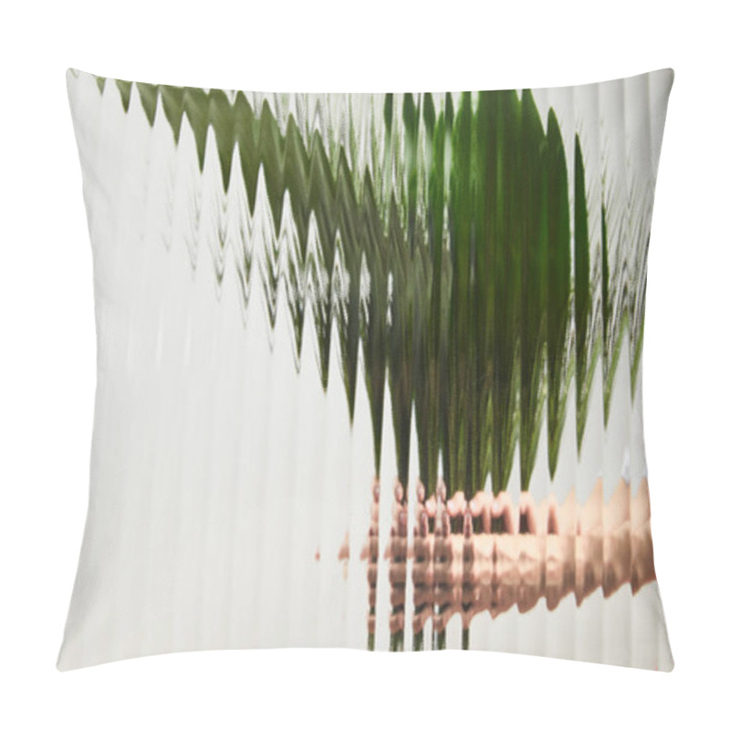 Personality  Cropped View Of Adult Holding Green Leaves Blurred On White Behind Reed Glass  Pillow Covers