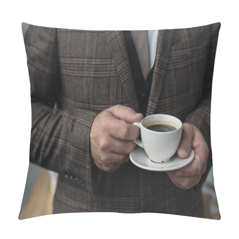 Personality  Cropped Shot Of Man In Tweed Suit With Cup Of Coffee Pillow Covers