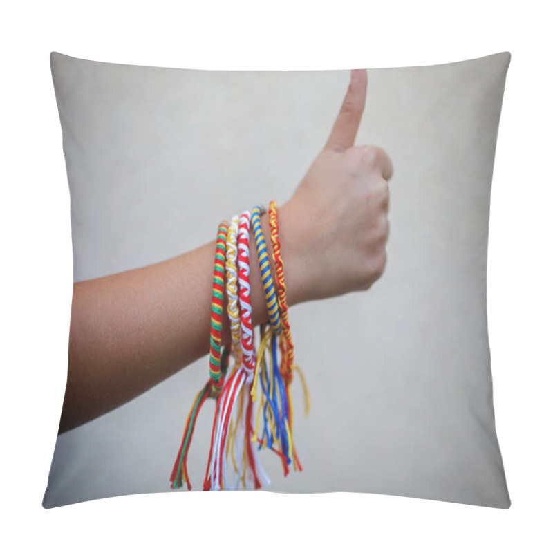 Personality  A Hand Of Young Woman With Many Handmade Bright Bracelets Shows Thumb Up Gesture Over Plain Background, Small Business. Exclusive Artisanal Goods. Leisure And Hobby Concept Pillow Covers