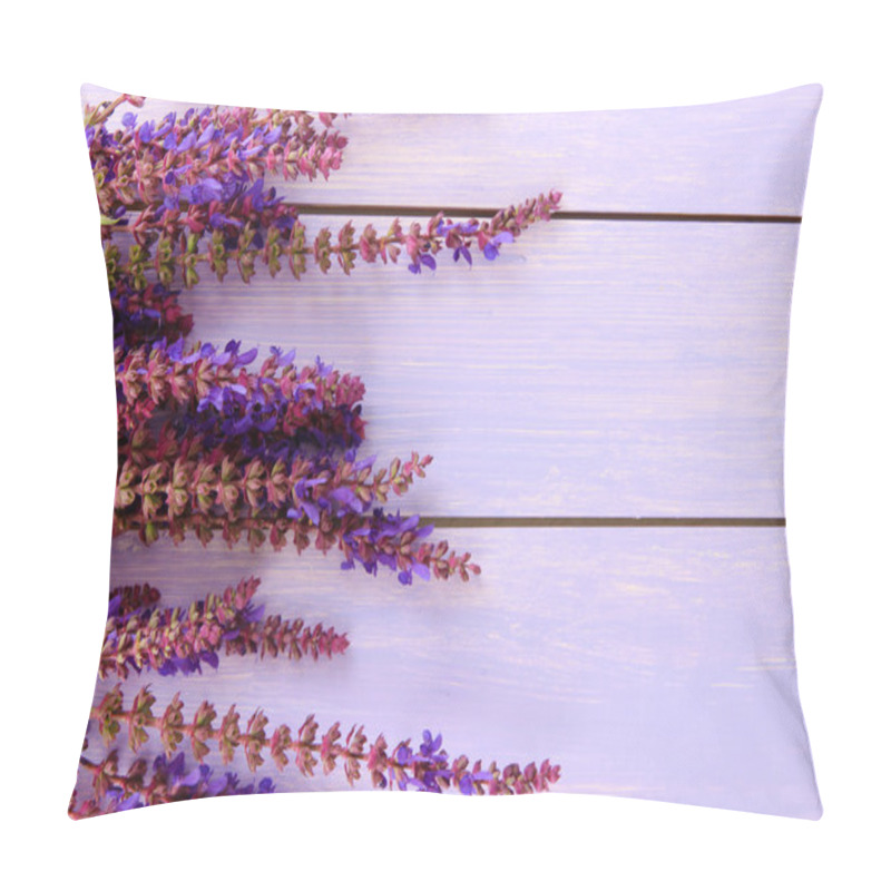 Personality  Salvia Flowers On Purple Wooden Background Pillow Covers