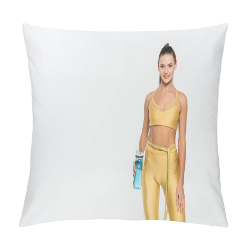 Personality  Weight Loss, Happy Woman With Toned Body And Measuring Tape On Waist Smiling White Background Pillow Covers