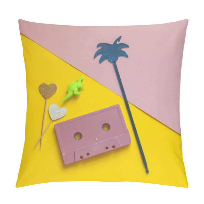 Personality  Audio Cassette Tape With Dinosaur Figure And Palm Cocktail Stick. Creative Party Concept Photo. Pillow Covers